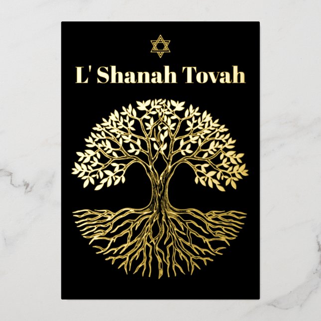 Rosh Hashanah Gold Foil Tree of Life Black (Front)