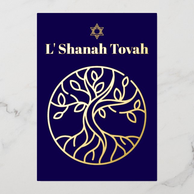 Rosh Hashanah Gold Foil Tree of Life Blue (Front)