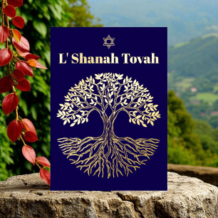 Rosh Hashanah Gold Foil Tree of Life Blue
