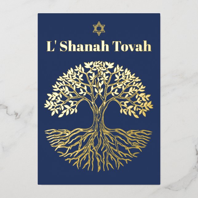 Rosh Hashanah Gold Foil Tree of Life Blue (Front)
