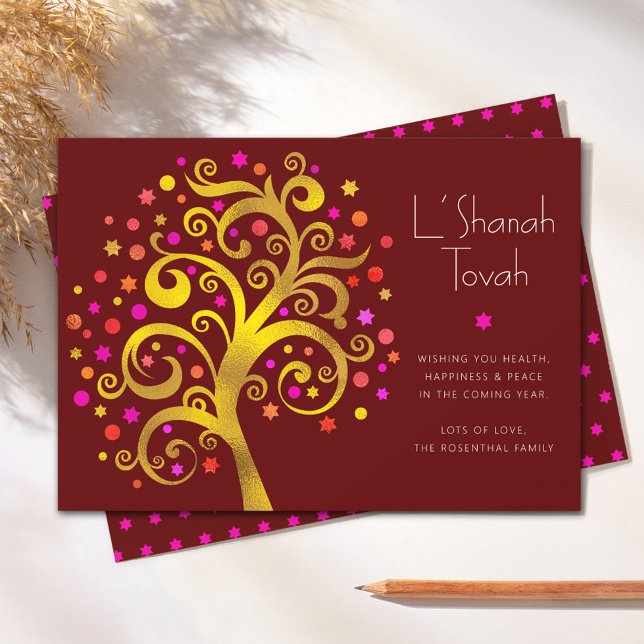 Rosh Hashanah Gold Foil Tree of Life Bold Burgundy Holiday Card (Creator Uploaded)
