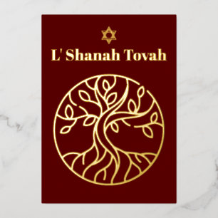 Rosh Hashanah Gold Foil Tree of Life Burgundy