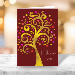 Rosh Hashanah Gold Red Foil Tree of Life, Burgundy Card