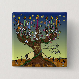 Rosh Hashanah L'Shanah Tovah Tree Of Life Menorah 15 Cm Square Badge
