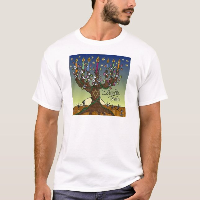 Rosh Hashanah L'Shanah Tovah Tree Of Life Menorah T-Shirt (Front)