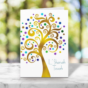 Rosh Hashanah Modern Gold & Blue Foil Tree of Life Card