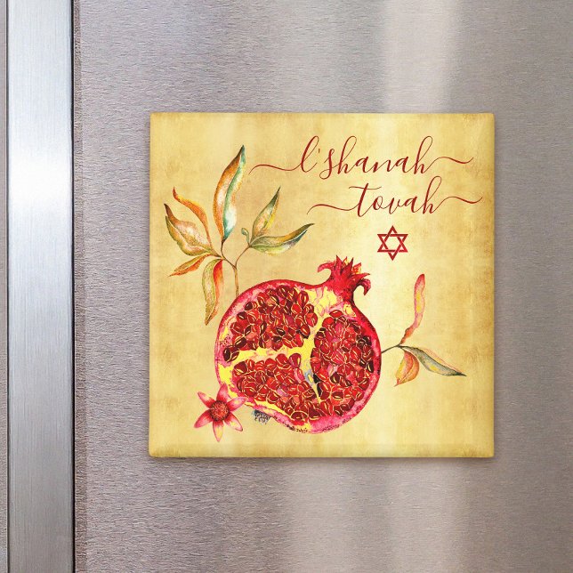 Rosh Hashanah Red Pomegranate Watercolor Gold Chic Magnet (Creator Uploaded)