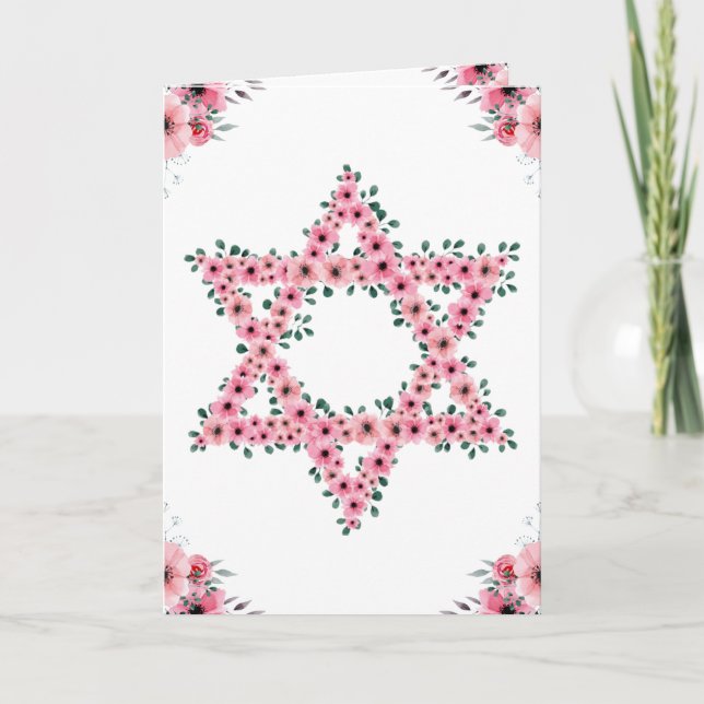Rosh Hashanah Star of David Pink Flower White Card (Front)