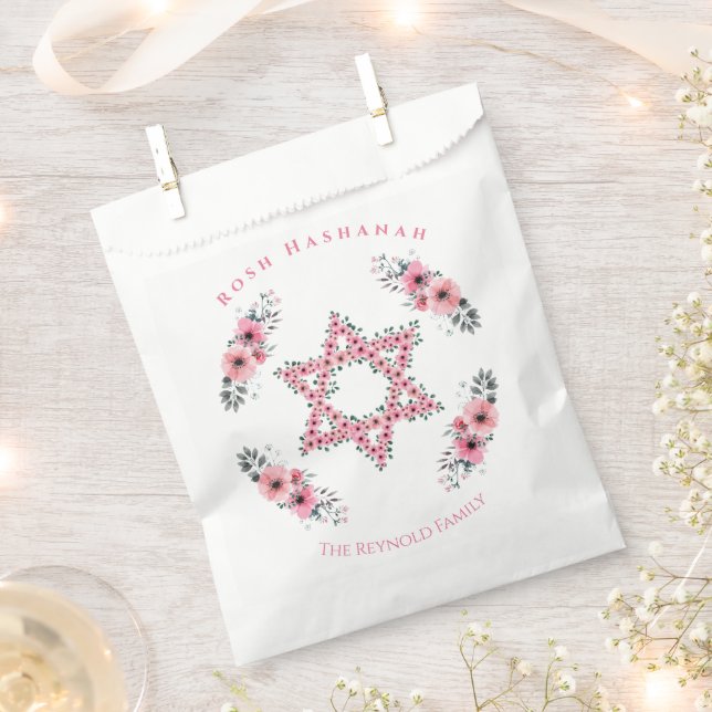 Rosh Hashanah Star of David Pink Flower White Favour Bags (Clipped)