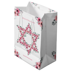 Rosh Hashanah Star of David Pink Flower White Medium Gift Bag
