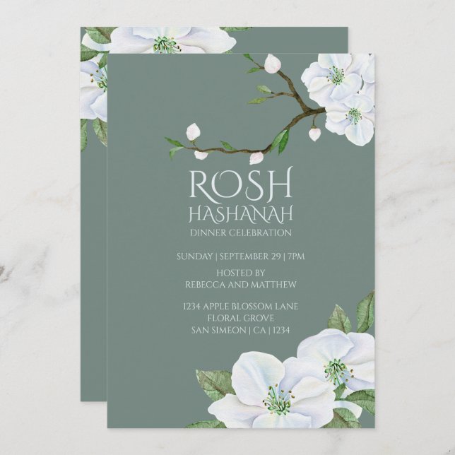Rosh Hashanah White Apple Blossom Invitation (Front/Back)