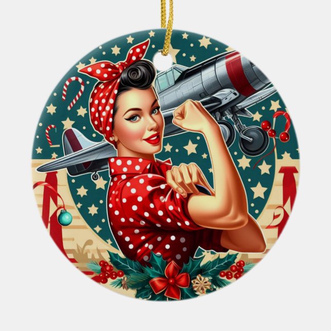 Rosie the Riveter Pin-up Girl Christmas Ornament (Front)