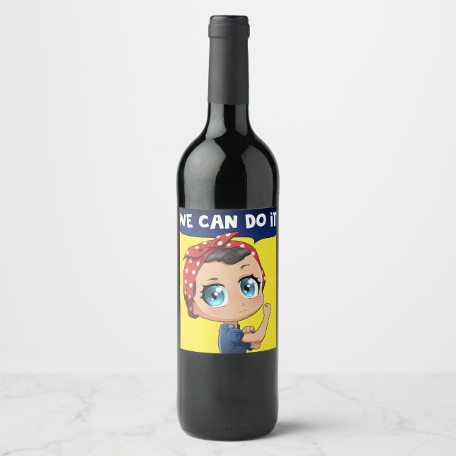 Rosie the Riveter We Can Do It Anime Chibi Remix Wine Label (Front)
