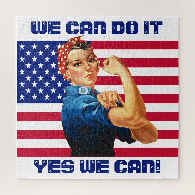 Rosie the Riveter with US Flag Motivational Slogan Jigsaw Puzzle (Vertical)
