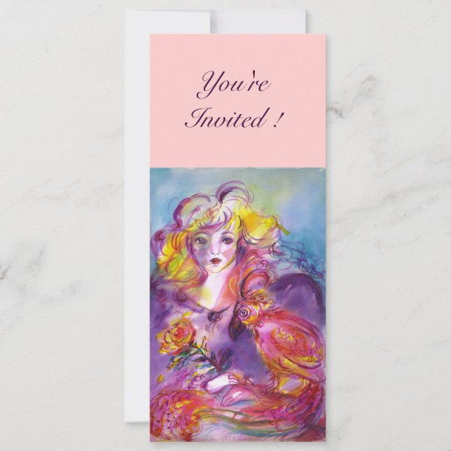 ROSINA / LADY WITH ROSE AND PARROT Pink Blue Invitation (Front)