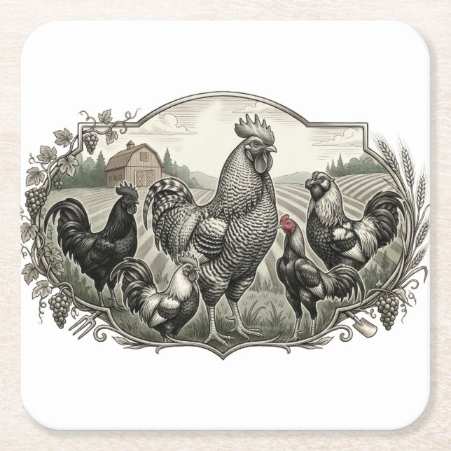 Roster in the farm square paper coaster (Front)