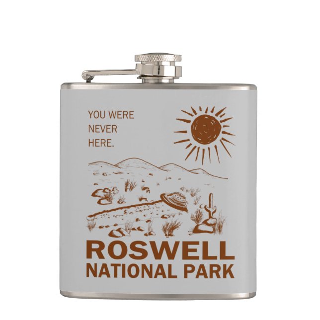 Roswell National Park UFO Flying Saucer Aliens Hip Flask (Front)