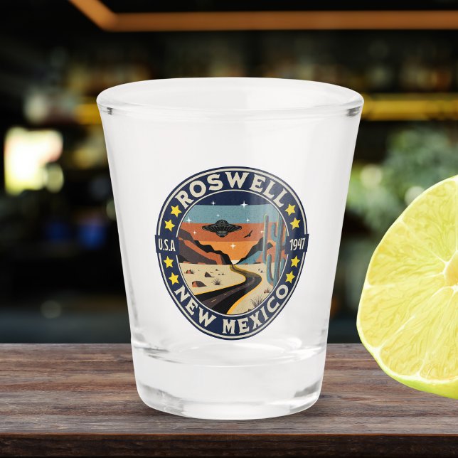 Roswell New Mexico Nostalgic UFO Backdrop Shot Glass (Creator Uploaded)