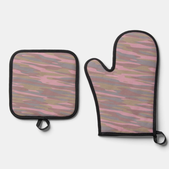 Rosy Brown, faded pink, mountain mist camo Oven Mitt & Pot Holder Set (Front)