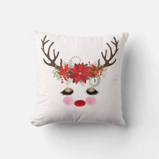 Rosy Cheeks Gold Eyes Floral Reindeer Holiday Cushion (Front)