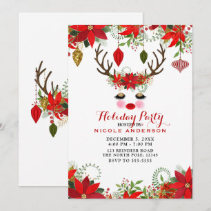 Rosy Cheeks Gold Eyes Floral Reindeer Holiday Invitation