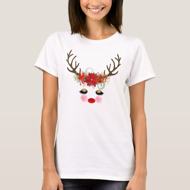 Rosy Cheeks Gold Eyes Floral Reindeer Holiday  T-Shirt (Front)