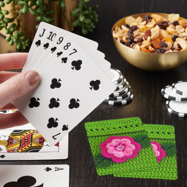 Rosy Hot Pink Flower Cool Spring Green Crochet Playing Cards (In Situ)