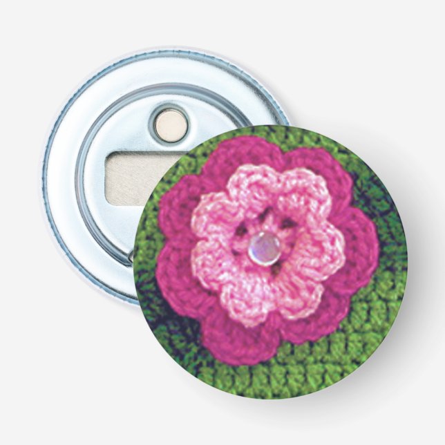 Rosy Pink Flower Natural Green Crochet Print Bottle Opener (Front)