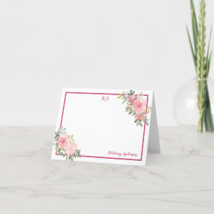 Rosy Pink Watercolor Floral Monogram Name Thank You Card