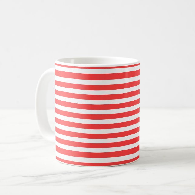 Rosy Red and White Simple Horizontal Striped Coffee Mug (Front Left)