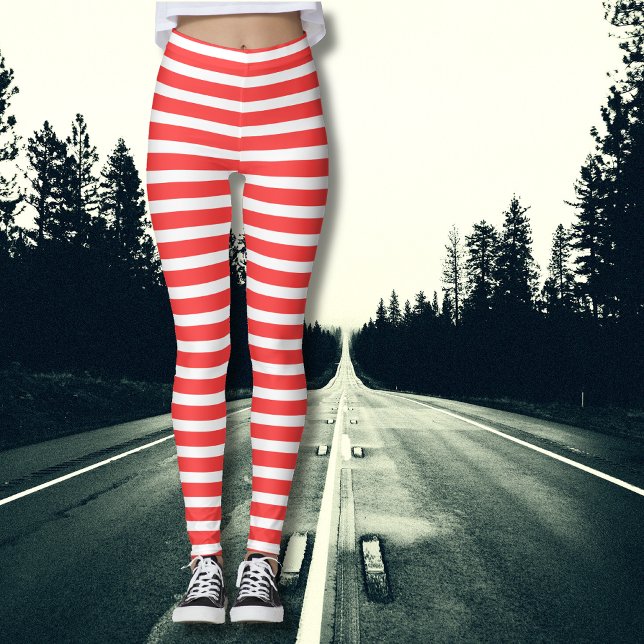 Rosy Red and White Simple Horizontal Striped Leggings (Creator Uploaded)