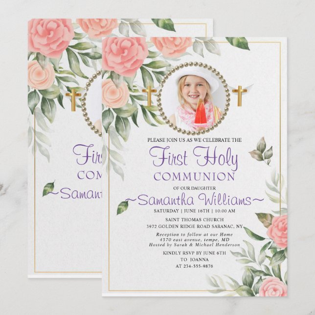Rosy Watercolor Blush Floral First Communion Invitation (Front/Back)