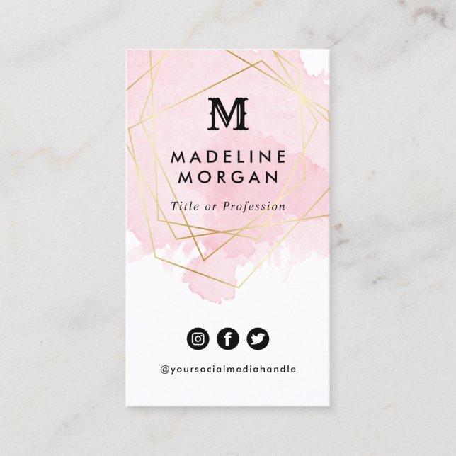 Rosy Watercolor Faux Gold Geometric Social Media Business Card (Front)