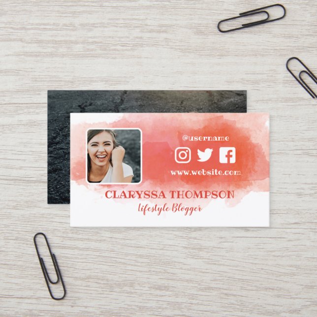 Rosy Watercolor Splash Photo Social Media Business Card (Front/Back In Situ)