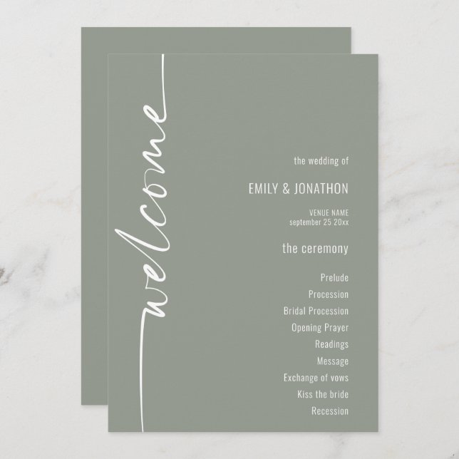 Rotated Calligraphy Sage Green Wedding Program Invitation (Front/Back)