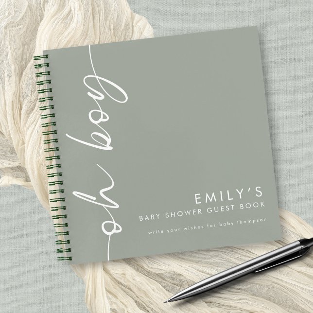 Rotated Script Sage Oh Boy Baby Shower Guest Book (Wishes for baby guest book)