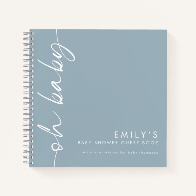 Rotated Text  Dusty Blue Oh Baby Shower Guest Book (Front)