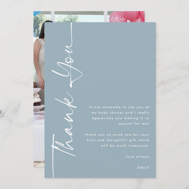 Rotated Text Photo Dusty Blue Baby Shower Thanks Card (Front/Back)