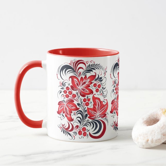 Rotes und schwarzes dekoratives Muster aus Blätter Mug (With Donut)