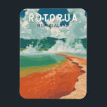 Rotorua New Zealand Illustration Travel Art Retro Magnet<br><div class="desc">Rotorua retro vector travel design. Rotorua,  a geothermal wonderland in New Zealand’s North Island,  is famous for its bubbling mud pools,  erupting geysers,  and rich Māori culture.</div>