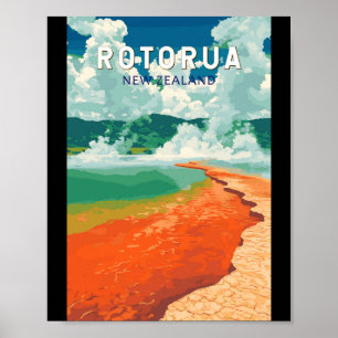 Rotorua New Zealand Illustration Travel Art Retro Poster