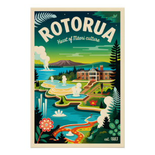 Rotorua New Zealand Retro Travel Poster Art