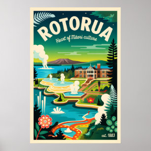 Rotorua New Zealand Retro Travel Poster Art