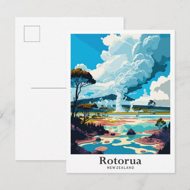 Rotorua New Zealand Vintage Travel Illustration Postcard (Front/Back)