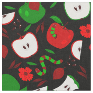 rotten red apples green worms black floral fabric