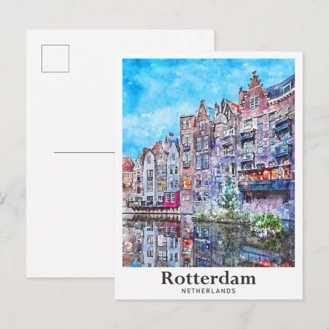 Rotterdam Netherlands Travel Watercolor Hand Drawn Postcard (Front/Back)