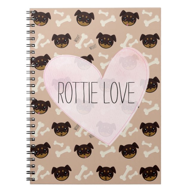 Rottie Love Cute Rottweiler Puppy & Bones Pattern Spiral Notebook (Front)