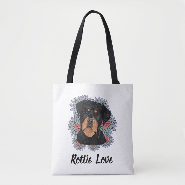 Rottie Love tote– Whimsical Rottweiler Art Tote Bag (Front)