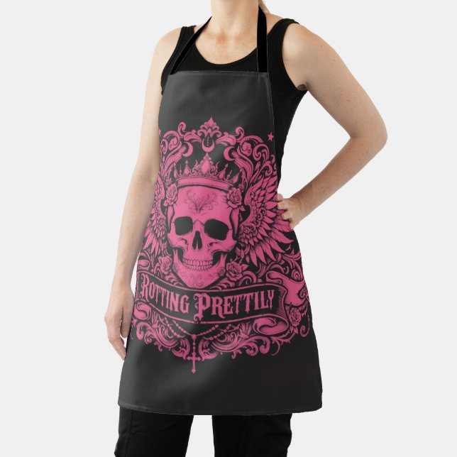 Rotting Prettily — Pink Skull Crown Wings Gothic Apron (Insitu)