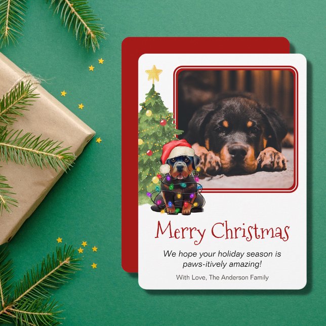 Rottweiler and Christmas Tree Pet Dog One Photo Holiday Card (Creator Uploaded)